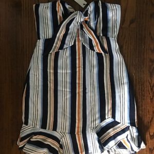 Amelia Navy Striped Strapless Ruffle Dress